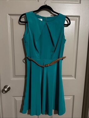 dressbarn Teal Sleeveless Midi Dress with Braided Tan Belt Accent